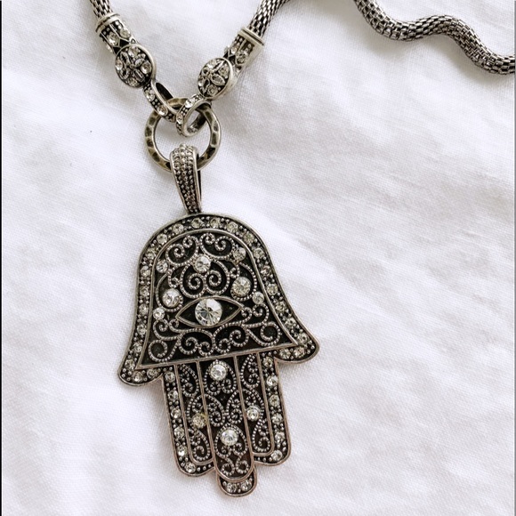 Chunky Silver Bohemian styled Evil Eye Hamsa Necklace - Picture 1 of 4